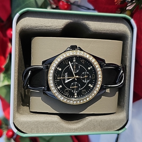 FOSSIL GOLD n DIAMOND BLACK LEATHER BAND FOSSIL WATCH 38mm - Picture 3 of 4